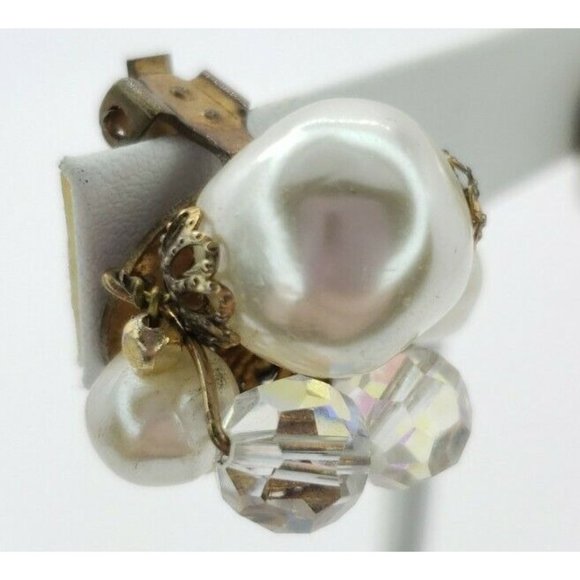 Earrings Clip On Faux Pearl AB Rhinestone Vintage - Picture 8 of 12